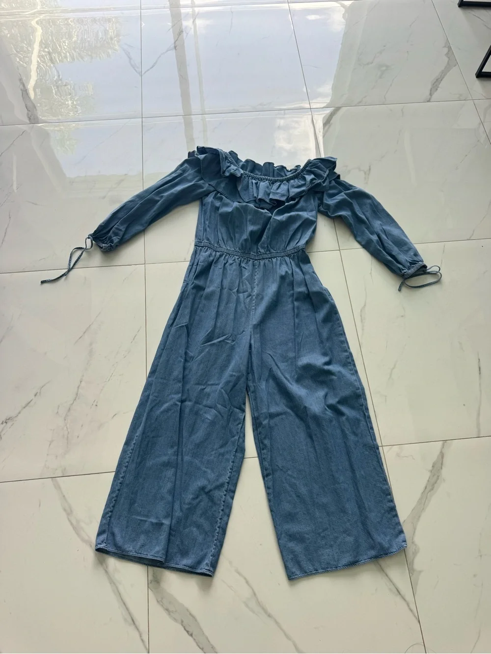 Michael Kors Off-Shoulder Wide-Leg Jumpsuit in Denim Blue